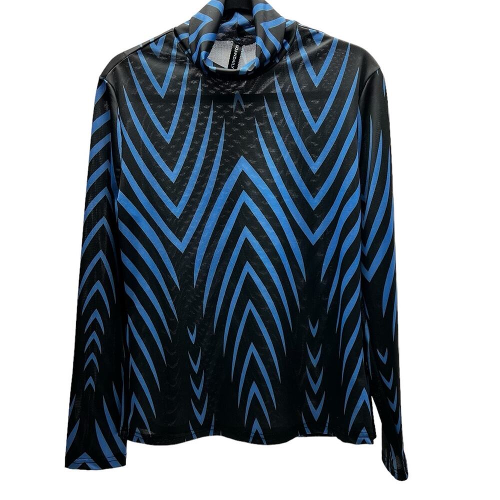 Koandaily Women's Size XL Long Sleeve Black With Blue V Striped Print Top